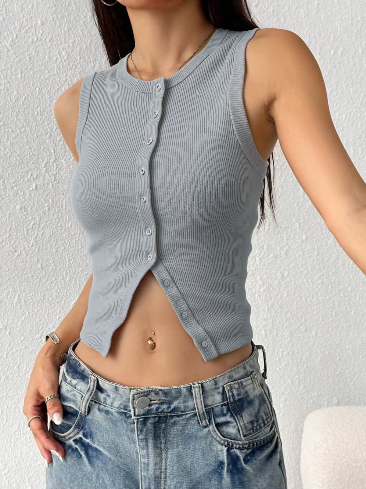 Women Ribbed Knit Sleeveless T - Tank Top Ribbed ulasan dan harga